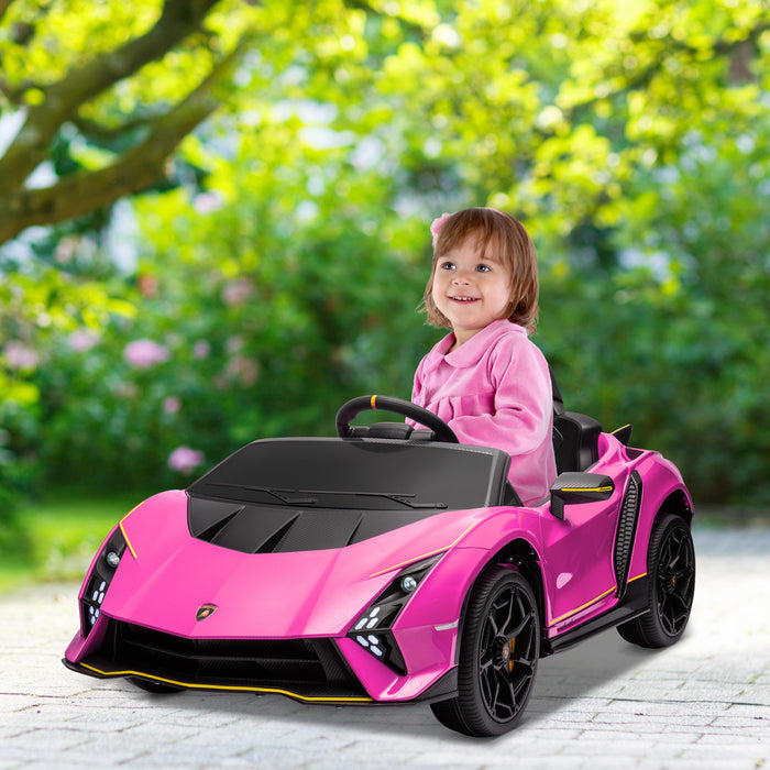 Qaba Voiture Electrique Pour Enfants 12 V, Alimentee Par Batterie, Lamborghini Autentica, Voiture Pour Enfants Sous Licence Avec Portes Papillon, Telecommande, Lumieres, Rose