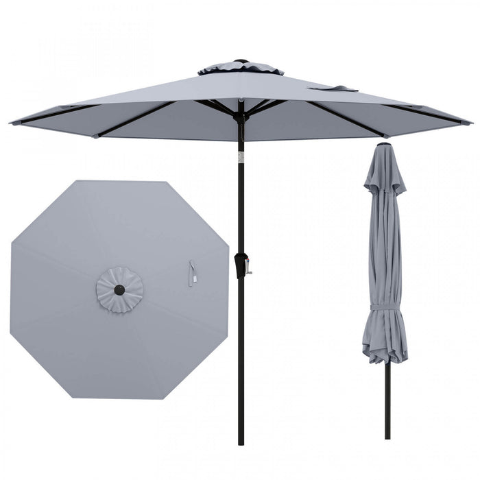 Costway Parasol de patio avec inclinaison a bouton-poussoir, manivelle, 8 nervures solides pour patio, jardin Gris