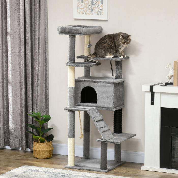 Pawhut Arbre A Chat 58\" Pour 2 Chats Avec Griffoirs, Tour A Chat Pour Chats D'interieur Avec Perchoir, Niche, Jouets, Gris