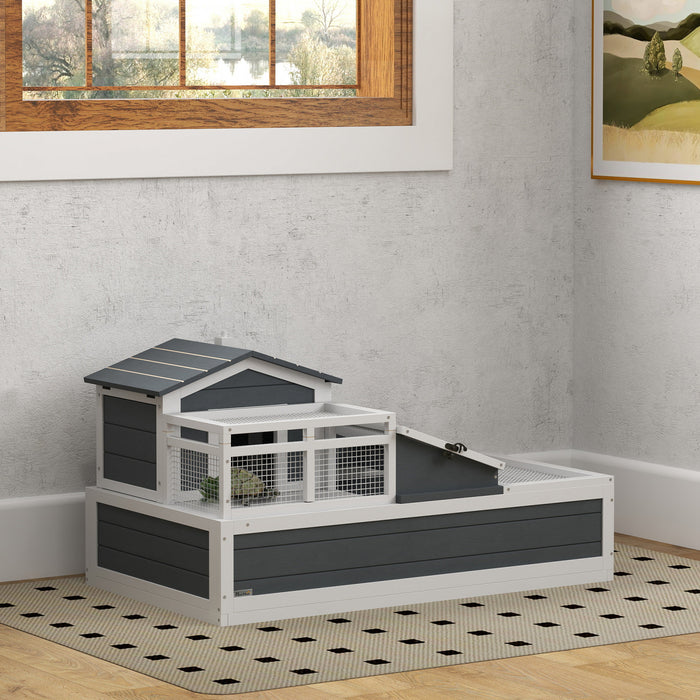 Maison pour tortue en bois avec balcon, rampe et bac, gris