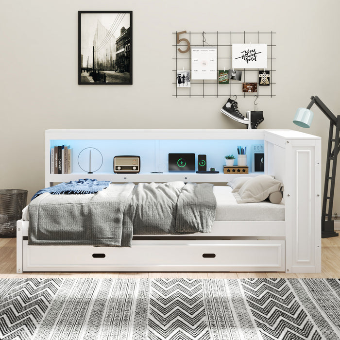 Diana – Lit De Jour Double En Bois Avec Etageres De Rangement, Ports Usb Et Eclairage Del, Blanc