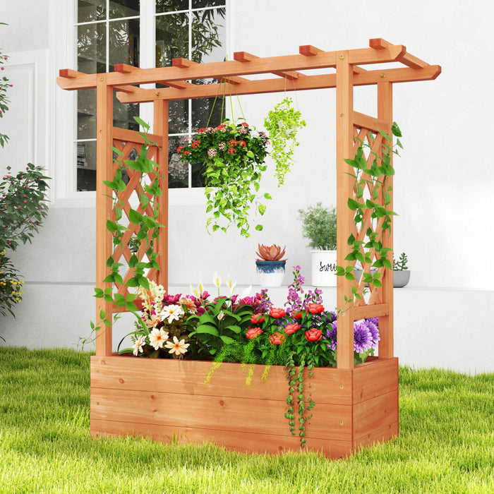 Costway 1 Pcs Lit De Jardin En Bois Eleve Avec Trellis Et Toit Suspendu Drainage Eleve Planter Boite