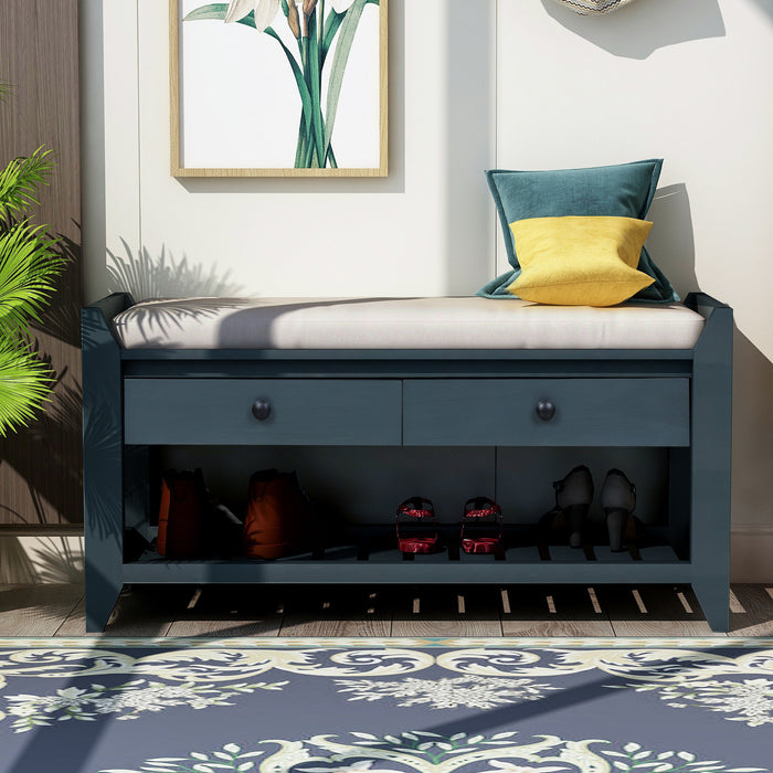 Banc A Chaussures Stephanie En Pin Avec Siege Rembourre Et Tiroirs De Rangement, Bleu Marine Antique