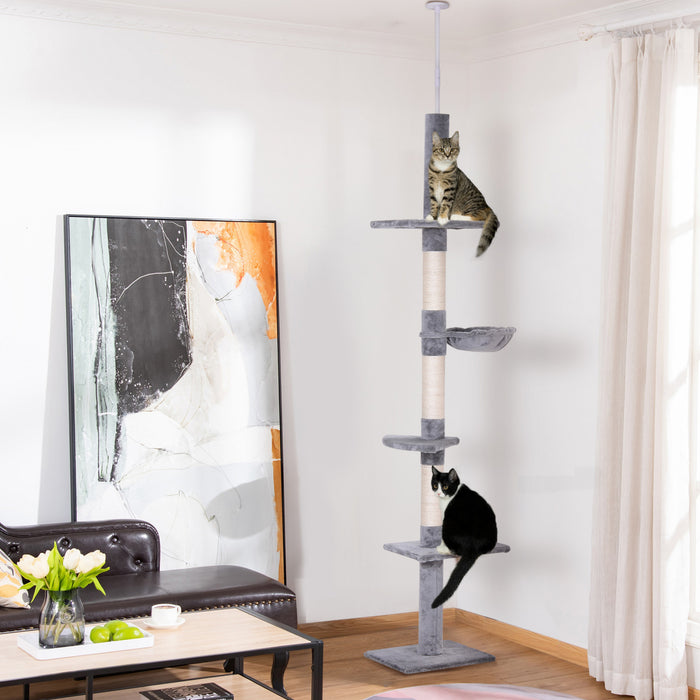 Pawhut Arbre D'escalade Pour Chat De 8,5 Pieds Centre D'activites Kitty A 5 Niveaux Jouet D'escalade Pour Chat Du Sol Au Plafond Avec Poteau A Gratter Meubles Pour Animaux Gris