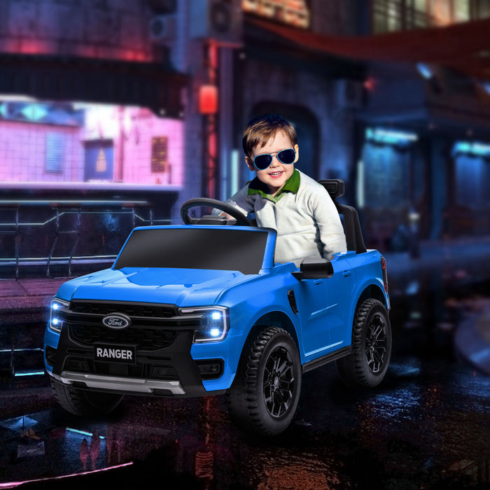 Qaba Ford Ranger 12v Avec Rangement Arriere, Voiture Electrique A Batterie Pour Enfants Avec Telecommande, Suspension A Ressort, Phares, Klaxon, Bleu