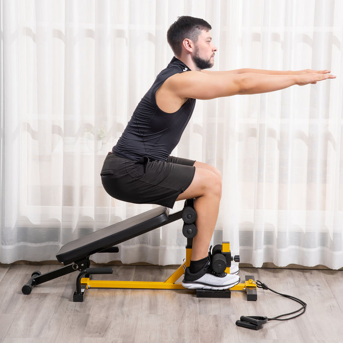 Soozier Machine A Squat 3 En 1 Avec Bandes De Resistance, Banc Rembourre Reglable Et Exercice Pour Les Jambes, Squats, Push Up, Assis Pour La Maison, Le Bureau, L'equipement De Fitness, Jaune