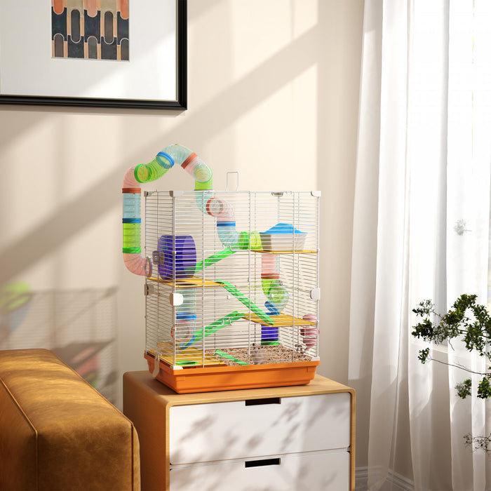 Pawhut Cage A Hamster A 5 Niveaux Portable Pour Animaux De Compagnie Avec Roues D'exercice, Tube De Jeu, Bouteille D'eau, Vaisselle, Echelle De Maison Pour Gerbilles, Orange