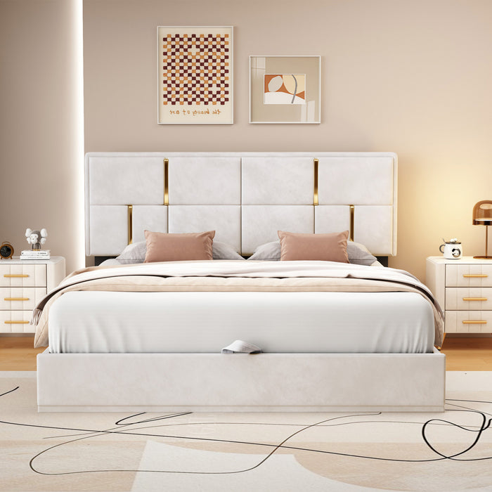 Lit Plateforme Joyce Tapisse Avec Rangement Hydraulique Et Cadre En Velours, Taille Queen, Beige