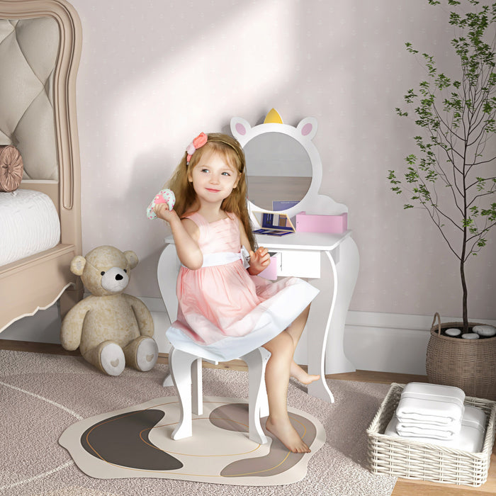Qaba Coiffeuse Pour Enfants Avec Miroir Et Tabouret, Coiffeuse Pour Filles Avec Tiroir, Boites De Rangement, Vanite De Maquillage Design Licorne, Pour 3-6 Ans, Blanc