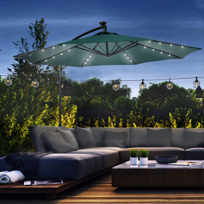 Outsunny Parasol En Porte-a-faux 10 Pi Avec Lampes Solaires, Vert Fonce