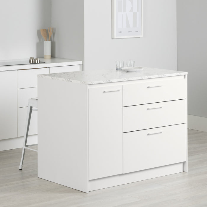 Myro Ilot De Cuisine Avec Porte Et Tiroirs - Faux Marbre Blanc Et Blanc