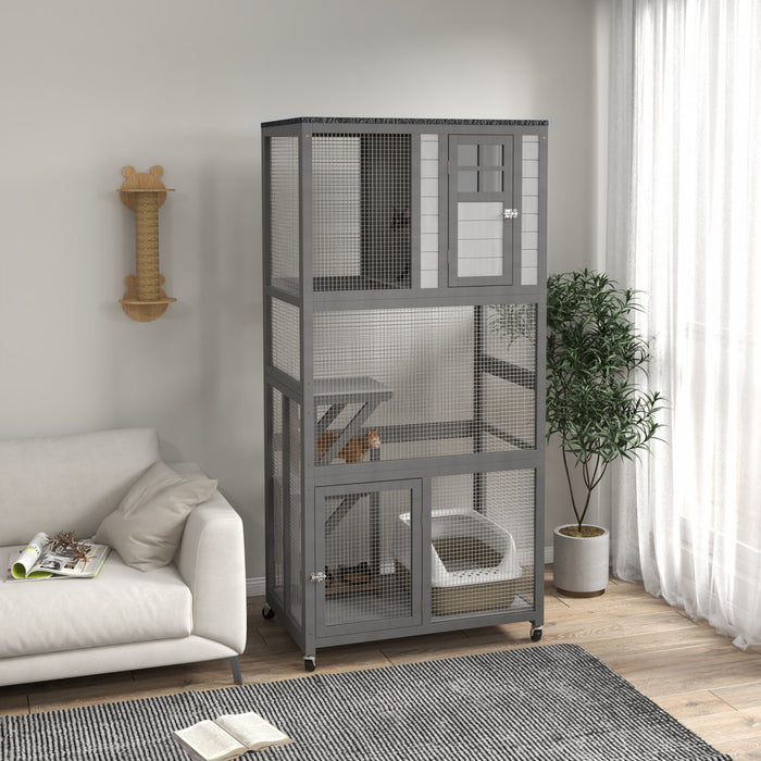Pawhut Maison D'exterieure En Bois Pour Chat De 74\", Resistante Aux Intemperies Et A Roulettes, Enclos D'exterieur Pour Chat, Cage Pour Chaton, Gris Clair