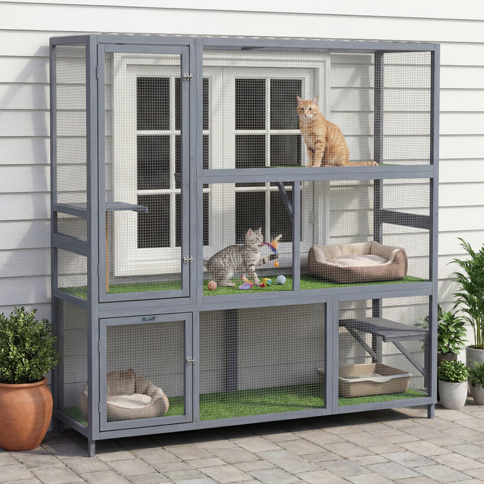 Catio exterieur pour chats, maison en bois de 196 cm avec toit