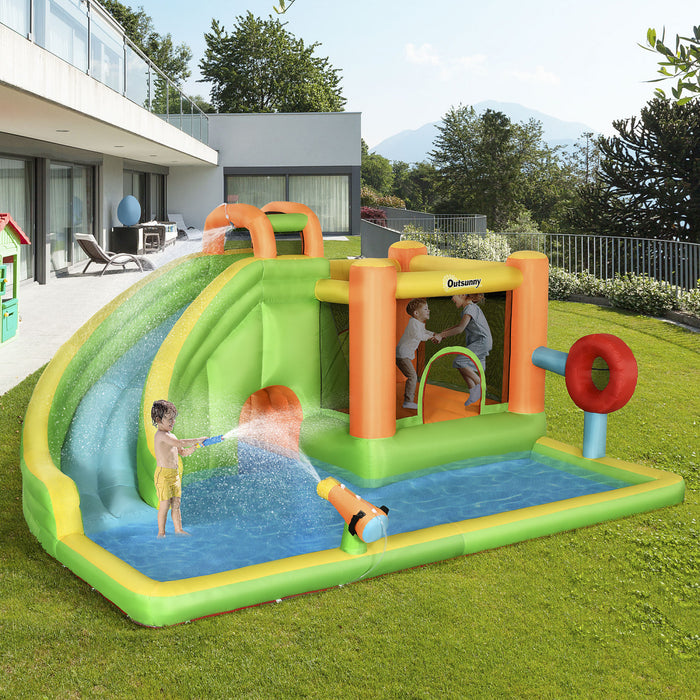 Outsunny Chateau Gonflable Pour Enfants 7 En 1 Comprenant Un Toboggan, Un Trampoline, Une Piscine, Un Pistolet A Eau, Une Cible De Balle, Un Poteau De Boxe, Un Tunnel Avec Sac De Transport