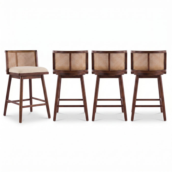Talia – Lot de 4 tabourets de bar de hauteur comptoir en bois avec dossier en rotin, finition noyer