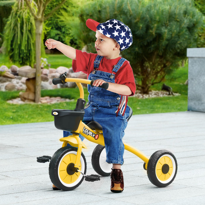 Qaba Tricycle Pour Tout-petits Et Filles Garcons De 2 A 5 Ans, Velo Avec Siege Reglable, Panier, Cloche, Jaune
