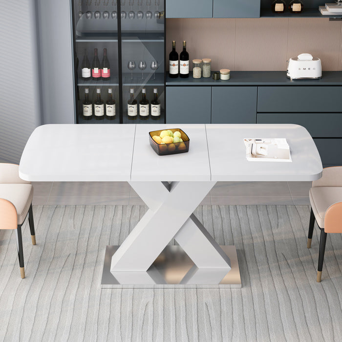 Liam Table a manger rectangulaire moderne extensible avec pieds en X et base en metal, blanc