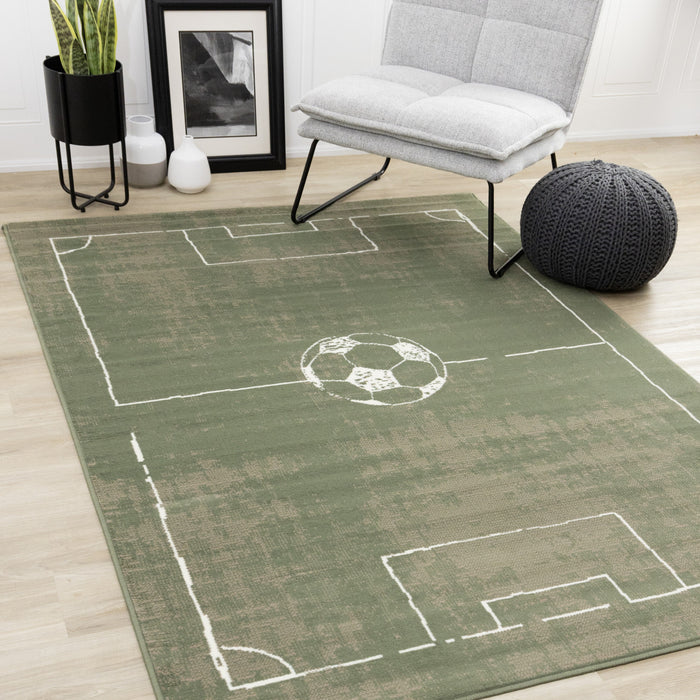 Tapis Florence de terrain de football vert, marron et blanc, 6'7\" x 9'6\"