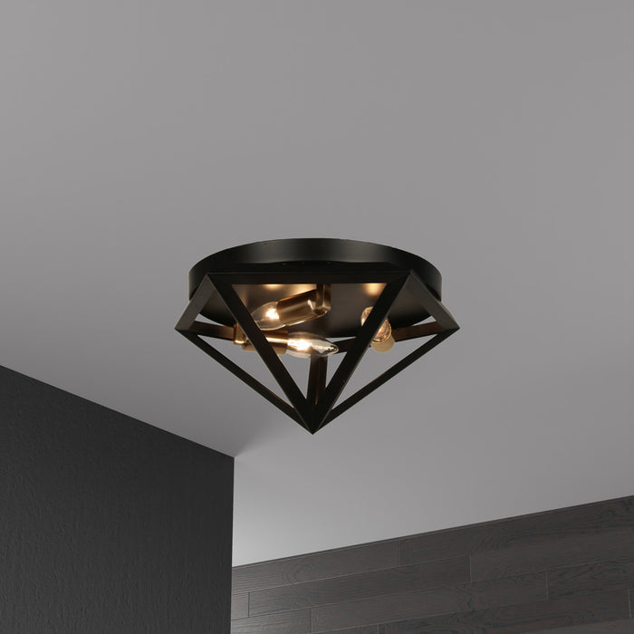 Plafonnier affleuré Archello de Dainolite au fini noir mat et touches laiton antique et 3 ampoules