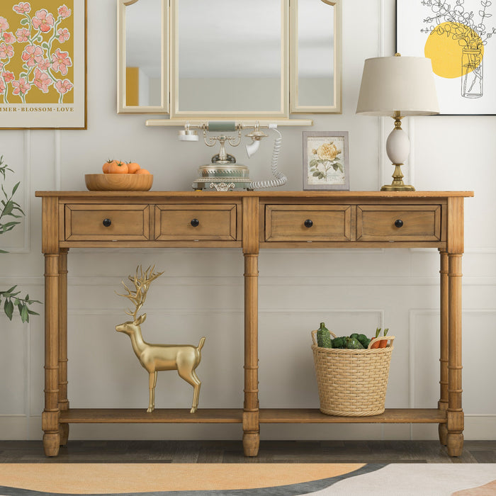 Table Console Phyllis En Bois Massif Avec Tiroirs Et Etagere Inferieure - Pin Ancien