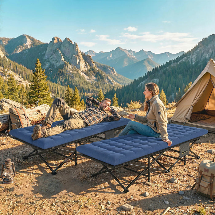 Outsunny Lot de 2 lits de camping avec matelas, 80 cm extra larges pliants, bleu