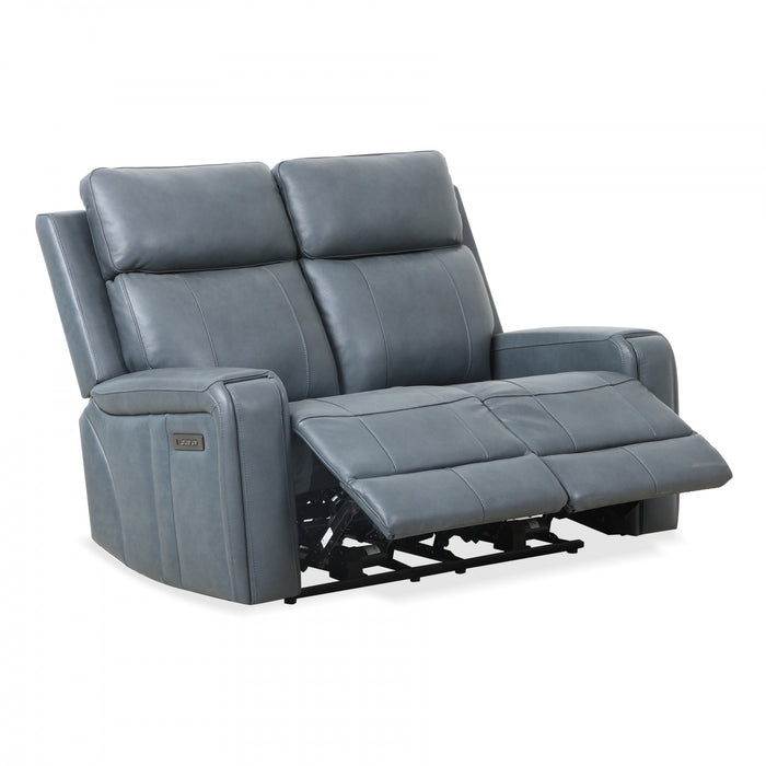 Causeuse inclinable electrique Bellamy de 58 po en cuir assorti avec appuie-tete ajustable et USB - Bleu