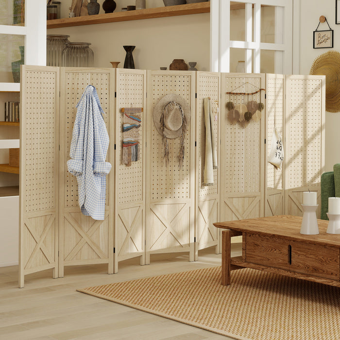 HOMCOM Paravent a 8 Panneaux avec Surface Perforee, Bois Naturel