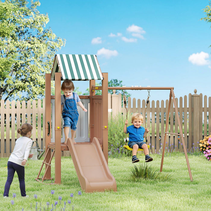 Qaba Ensemble de balancoires pour enfants 3 en 1 avec toboggan, ensemble de balancoires avec fort couvert, piquets de sol, ensemble de jeu pour enfants de 3 a 8 ans, marron