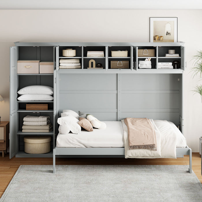 Lit Mural Escamotable Eileen Avec Rangements, Taille Queen, Gris
