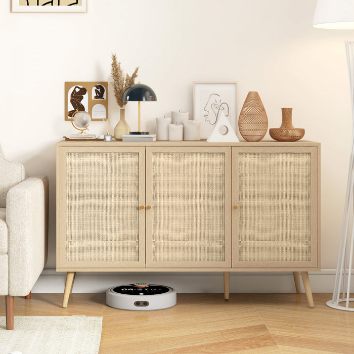 HOMCOM Buffet de cuisine avec 3 etageres portes en rotin, bois naturel