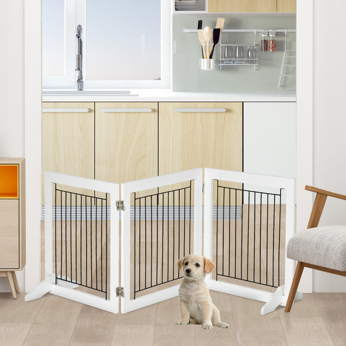 Pawhut Barriere Pour Animaux Domestiques Autoportante, Barriere Pour Chien Pliable Avec 2 Pieds De Support, 24\" De Hauteur, 3 Panneaux, Pour Petits Chiens, Chiots, Utilisation En Interieur - Blanc