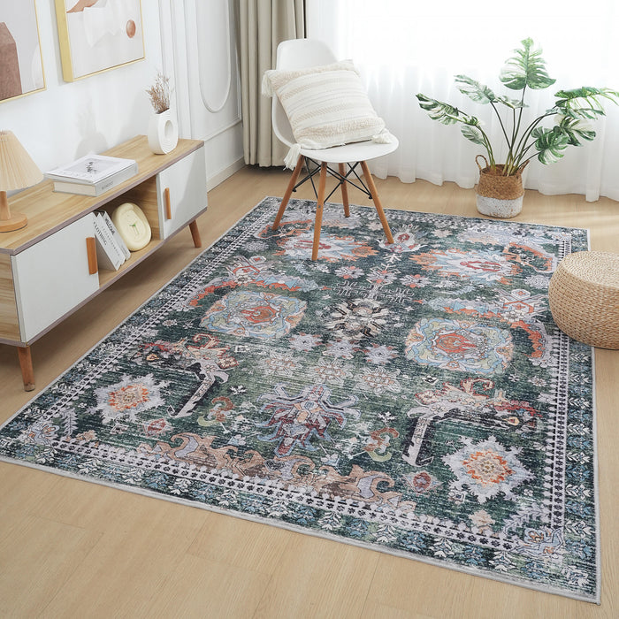 Aqua Flammes Verte Tapis Lavable Et Antiderapant A Poils Ras 8'x10'