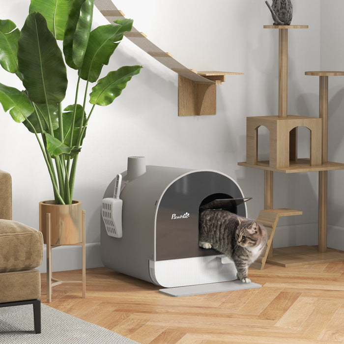 Pawhut Bac A Litiere Pour Chat Avec Couvercle, Bac A Litiere Ferme Pour Chat Avec Plateau Amovible, Pelle, Filtre, Gris Clair