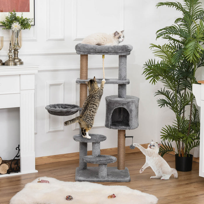 Pawhut Arbre A Chat, Tour A Chat A Plusieurs Niveaux De 47 Po Avec Griffoir, Hamac, Condo Pour Chat, Perchoir, Balle Jouet, Grand Arbre A Chat Pour Chat D'interieur, Gris