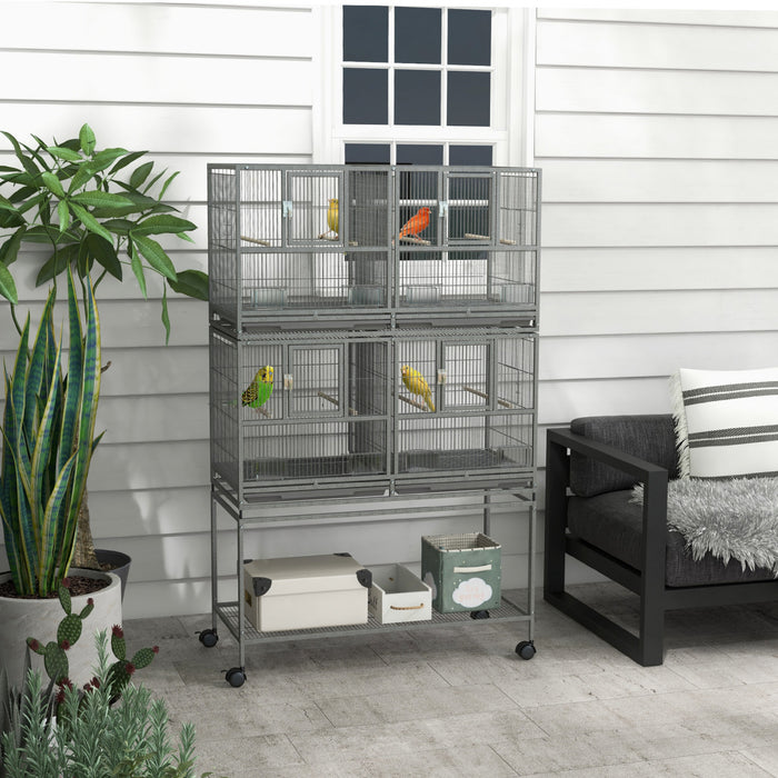 Pawhut Grande Cage A Oiseaux En Metal A Double Roulement Avec Plateau En Metal Amovible, Etagere De Rangement, Perchoir En Bois, Recipient Alimentaire, Gris