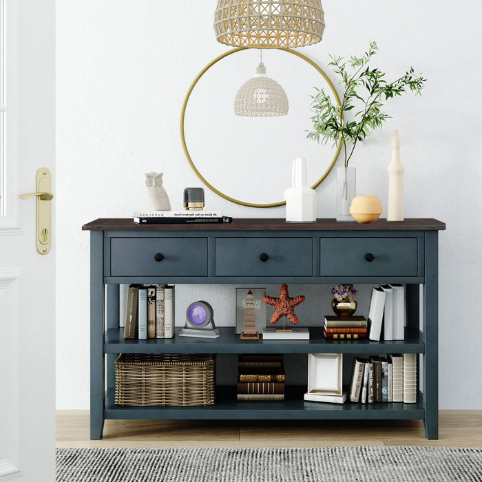 Console Wendy En Bois Massif Avec 3 Tiroirs Et 2 Etageres Ouvertes, Bleu Marine