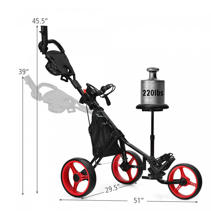 Chariot De Golf A 3 Roues, Chariot Leger Avec 4 Hauteurs Reglables, Chariot De Golf Pliable Avec Porte-parapluie Reglable Et Siege Hydraulique, Sac De Rangement, Porte-boisson, Frein A Pied