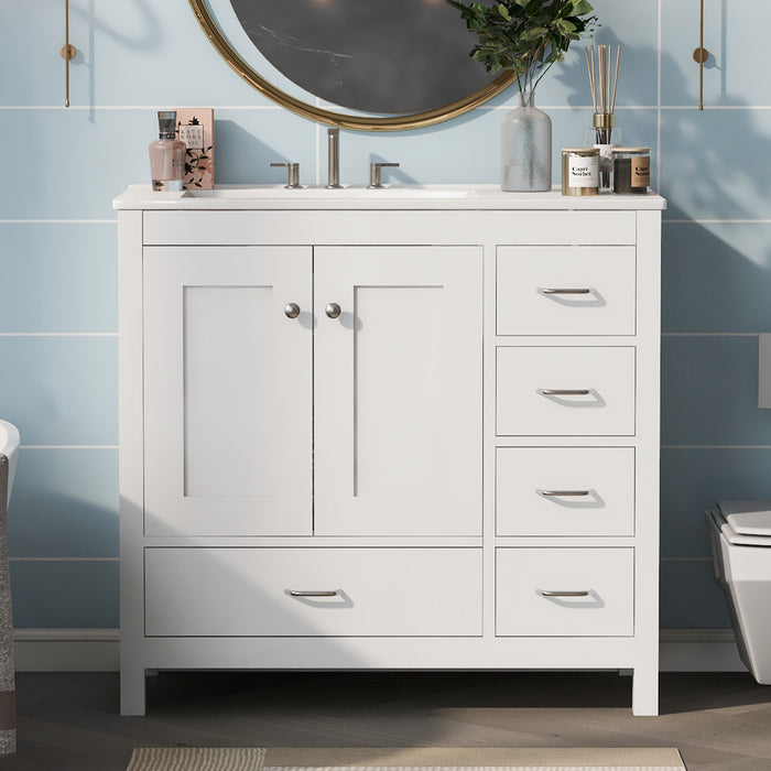 Andrew Meuble-lavabo En Bois Massif 36\" Avec Vasque En Ceramique Et Armoire De Rangement - Blanc