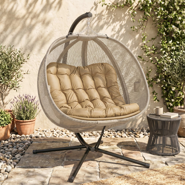 Outsunny Fauteuil Œuf Suspendu Double avec Support, Chaise Suspendue, Kaki