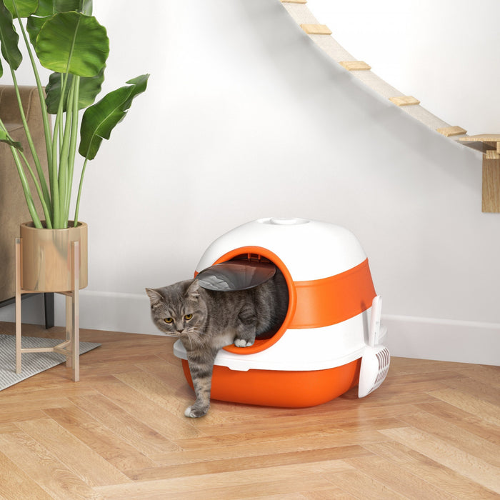Pawhut Bac A Litiere Pour Chat Avec Couvercle, Avec Cotes Hauts, Assainisseur D'air, Grand Bac A Litiere Pour Chat A Entree Bidirectionnelle, Pliable, Facile A Nettoyer, Blanc Et Orange