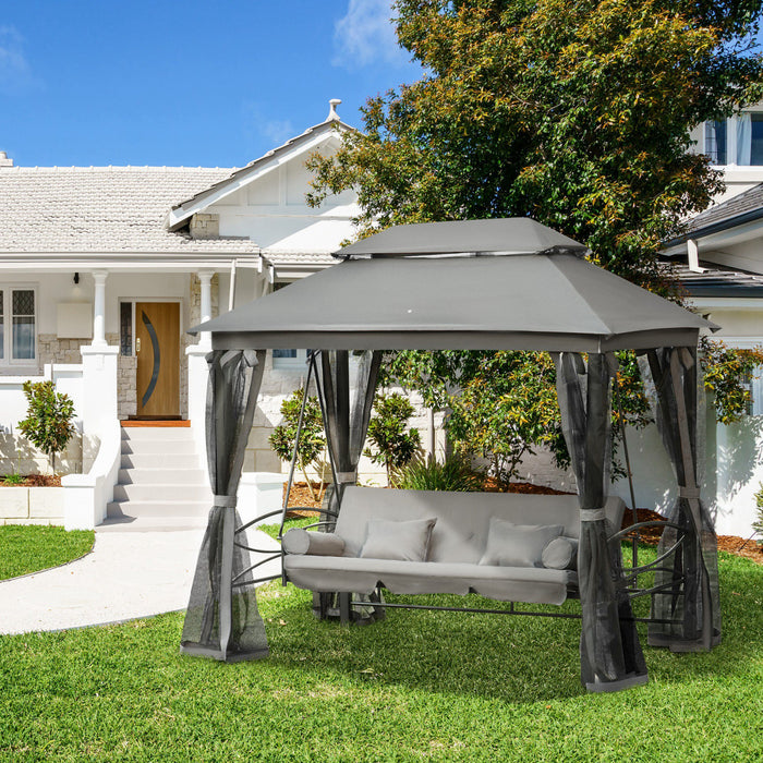 Outsunny Lit De Jour Exterieur 3 Personnes Pour Terrasse 3 En 1 Avec Baldaquin, Tonnelle, Hamac De Jardin Avec Moustiquaire En Maille Et Pare-soleil, Gris