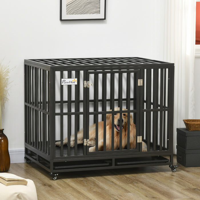 Pawhut – Cage En Metal Robuste Pour Chien, Chenil Et Cage, Parc Pour Chien Avec Roues Verrouillables, Plateau Coulissant Et Sol Anti-pincement
