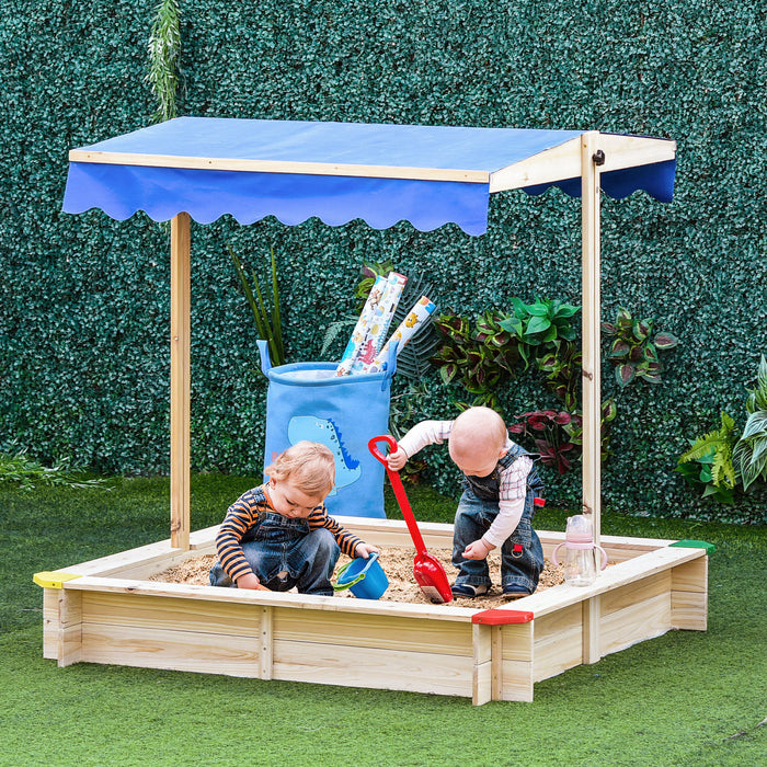 Bac A Sable En Bois Avec Auvent Reglable, Ensemble De Jeu D'exterieur Pour Enfants Resistant Aux Intemperies 47\" L X 47\" L X 47\" H, Naturel Et Bleu