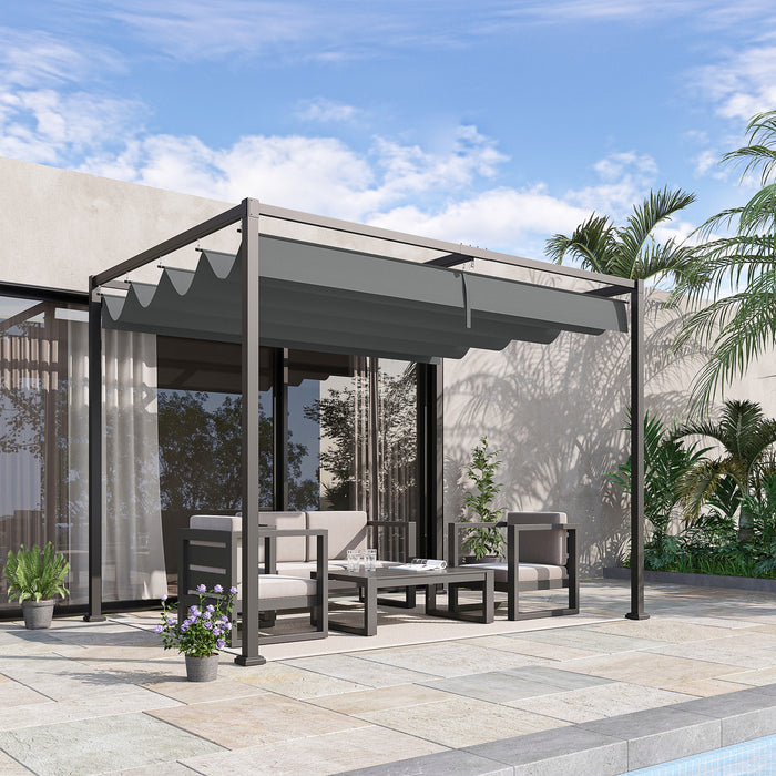 Outsunny 10x7 Pi Cadre En Metal Pergola Gazebo Avec Auvent Retractable Patio Exterieur Abri Soleil Jardin Raisin Tente Resistant A L'eau, Ombre De Jardin, Gris