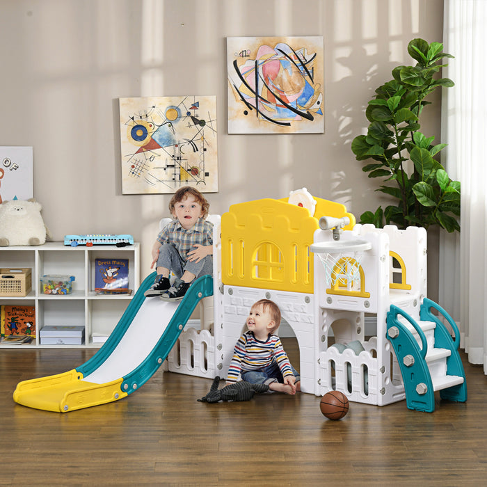 Qaba Toboggan 7 En 1 Pour Enfants Avec Panier De Basket, Grimpeur, Telescope, Tunnel, Volant, Allee, Paniers De Rangement, Toboggan Interieur Pour 1 A 3 Ans, Jaune