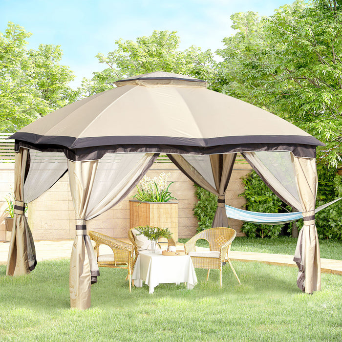 Outsunny 12' X 10' Tente D'auvent De Tonnelle D'exterieur A 2 Niveaux Pour Terrasse Avec Parois Laterales En Maille Zippee, Cadre En Acier Massif, Toit Arque, Beige