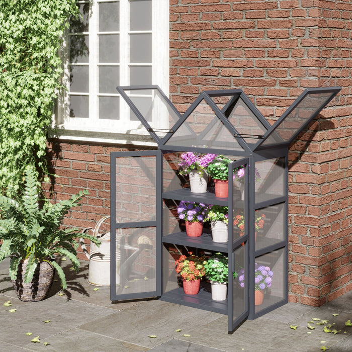 Outsunny Mini Serre De Jardin Jardiniere Surelevee Portable En Bois Avec Etageres A 3 Niveaux, Dessus Ouvrable Et Doubles Portes Exterieur Et Interieur 27.75\"l X 16.5\"l X 52\"h, Gris
