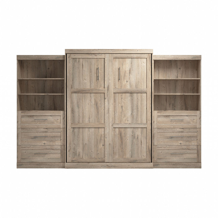 Grand lit escamotable mural Pur de Bestar de 136 po avec 2 meubles à tablettes et tiroirs - brun rustique