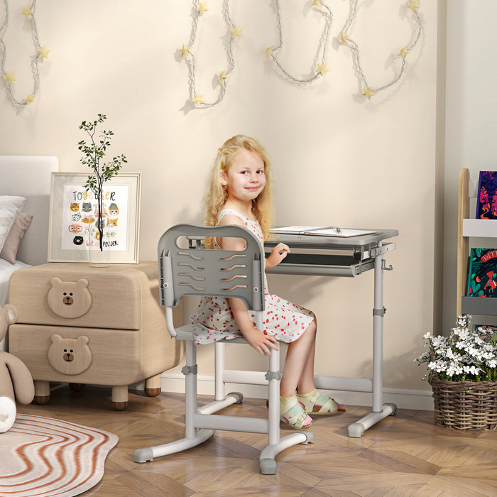 Qaba Ensemble Bureau Et Chaise Pour Enfants Reglable Bureau Inclinable Gris