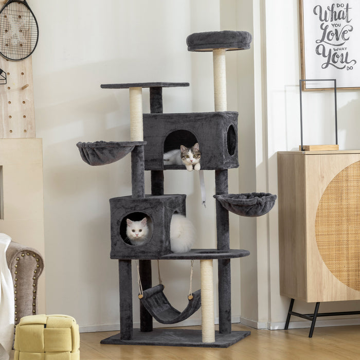 66 Inch Cat Tree with 2 Condos, 3 Big Hammocks, Dark Grey